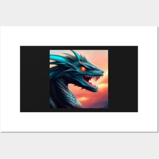 Blue Topaz Dragon with Fiery Red Eyes Posters and Art